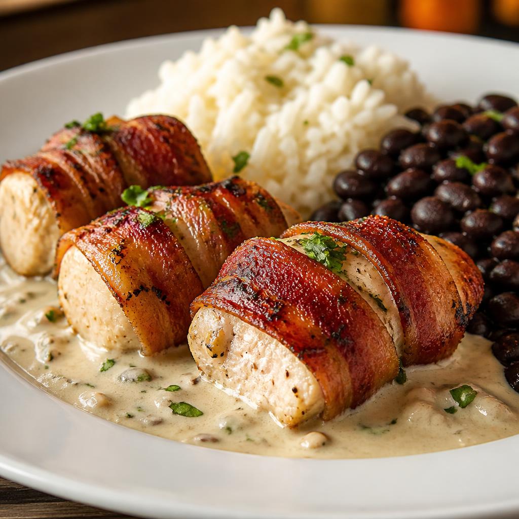 Rice, Beans & Bacon-Wrapped Chicken Medallions in White Sauce · 450g